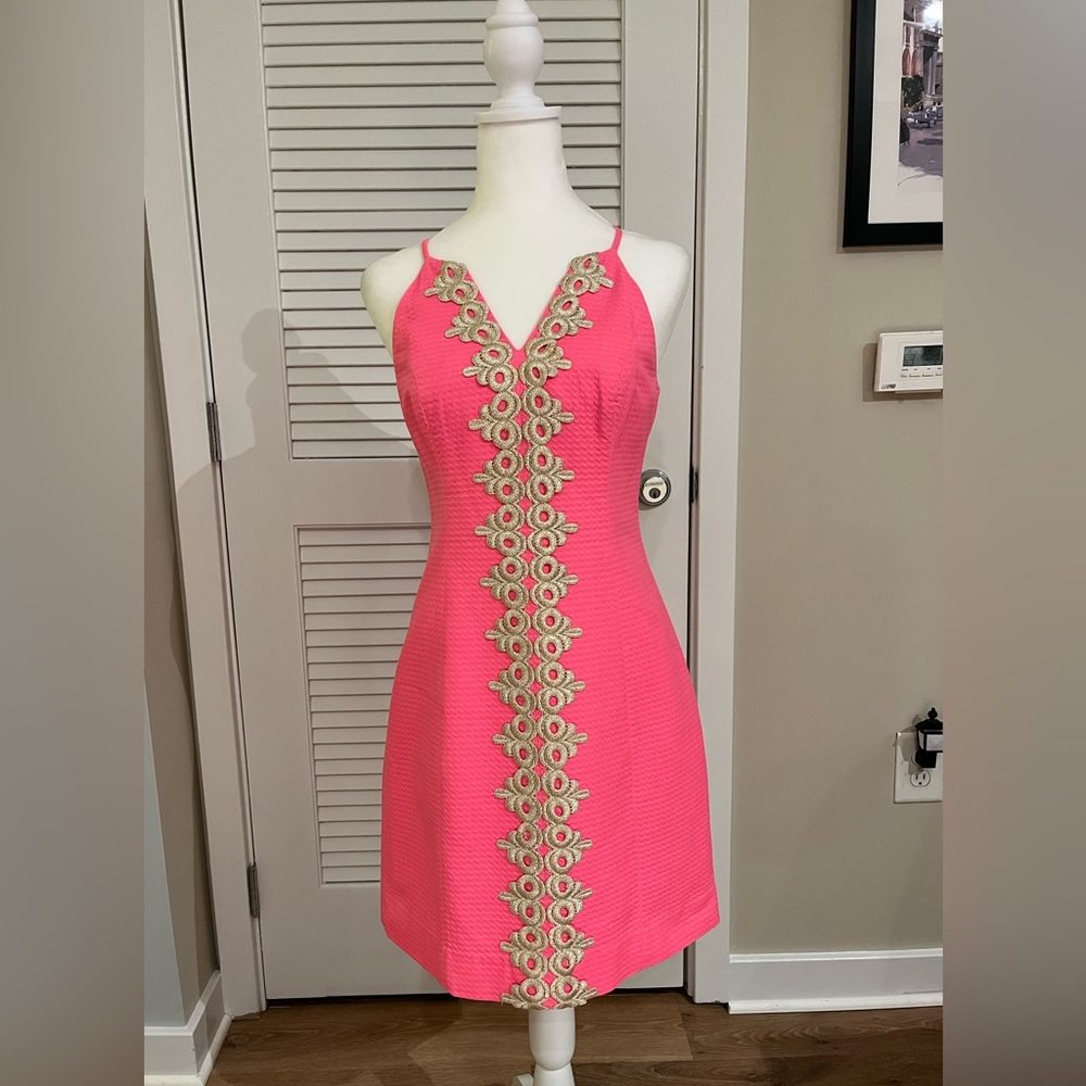Lilly Pulitzer Pearl Bungalow Pink Metallic Gold Lace Shift Dress
